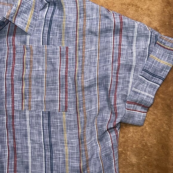 Women Small Blue Stripe Collar Button Up Roll up Short Sleeve Poly Shirt (P) - Picture 4 of 7